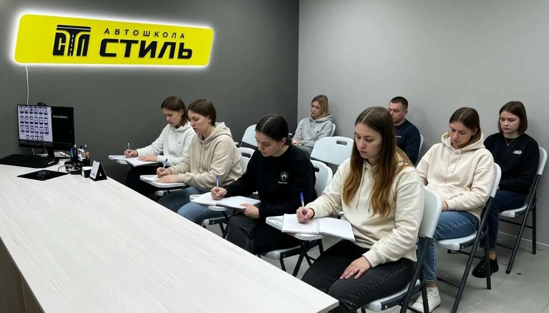 Ученики на занятии по теории в классе автошколы Стиль